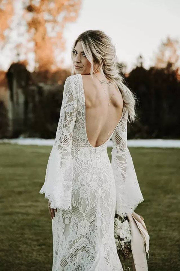 Lace Mermaid V-neck Long Sleeves Backless Bohemian Wedding Dresses TN369-Tirdress