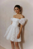 Lace Mini Short Wedding Dress Lace Up Puffy Puff Sleeves Bridal Gown-Tirdress