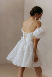 Lace Mini Short Wedding Dress Lace Up Puffy Puff Sleeves Bridal Gown-Tirdress