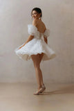 Lace Mini Short Wedding Dress Lace Up Puffy Puff Sleeves Bridal Gown-Tirdress