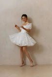 Lace Mini Short Wedding Dress Lace Up Puffy Puff Sleeves Bridal Gown-Tirdress
