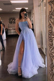 Lavender Tulle Beaded Long Prom Dresses Party Dresses With Split TP1224