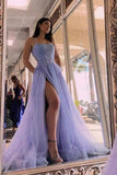 Lavender Tulle Beaded Long Prom Dresses Party Dresses With Split PSK TP1224-Tirdress