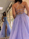 Lavender Tulle Beaded Long Prom Dresses Party Dresses With Split PSK TP1224-Tirdress