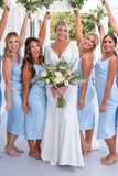 Light Blue Cowl Neck Straps Calf-Length Bridesmaid Dress BD062