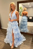 Light Blue Halter Neck Layers Floral Long Prom Dress with Slit TP1273