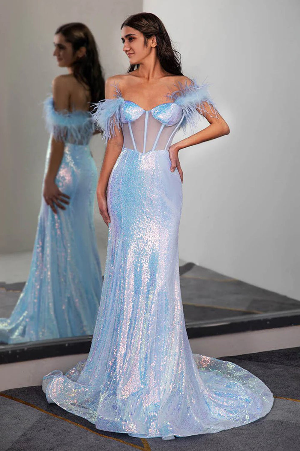 Light Blue Sequin Corset Prom Dress Formal Gown with Feathers – Tirdress