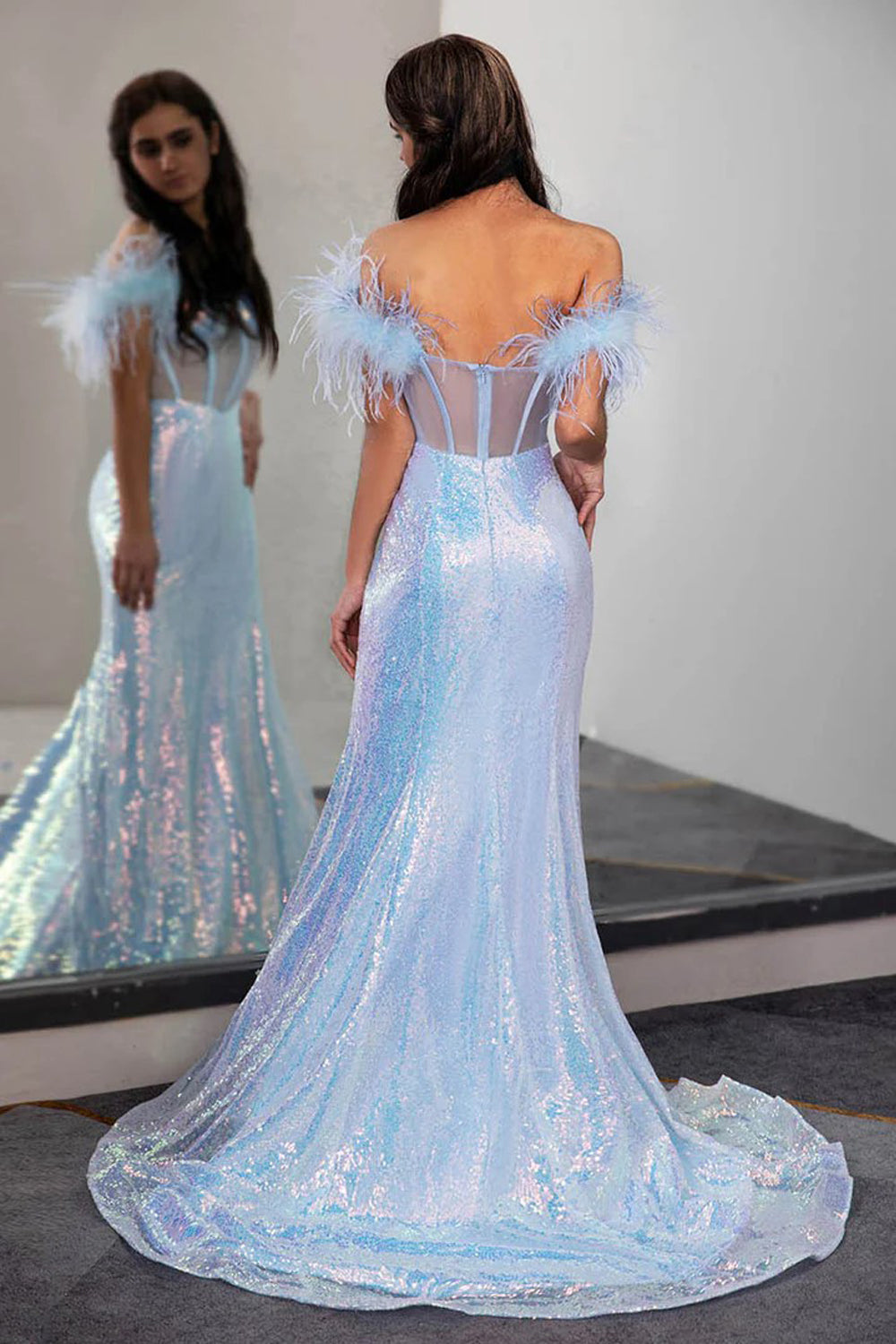 Light Blue Sequin Corset Prom Dress Formal Gown with Feathers – Tirdress