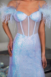Light Blue Sequin Corset Prom Dress Formal Gown with Feathers-Tirdress