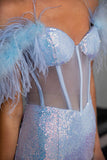 Light Blue Sequin Corset Prom Dress Formal Gown with Feathers-Tirdress