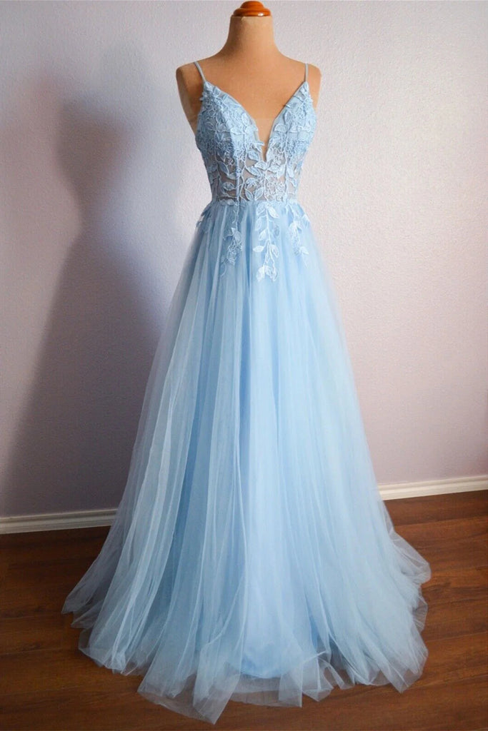 Light Blue V Neck Lace-Up Appliques Tulle Long Prom Dress Evening Dress  TP1227-Tirdress