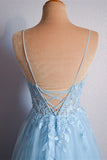Light Blue V Neck Lace-Up Appliques Tulle Long Prom Dress Evening Dress  TP1227-Tirdress