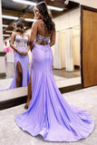 Lilac Mermaid Glitter Top Spaghetti Straps Long Prom Dress With Slit TP1307