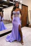 Lilac Mermaid Glitter Top Spaghetti Straps Long Prom Dress With Slit TP1307