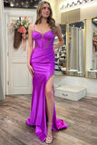Magenta Split Spaghetti Strap Long Prom Gown with Beading TP1254