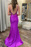 Magenta Split Spaghetti Strap Long Prom Gown with Beading TP1254-Tirdress