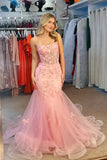 Mermaid Bateau Lace Up Appliques Pink Prom Dress With Tulle Train-Tirdress