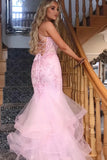 Mermaid Bateau Lace Up Appliques Pink Prom Dress With Tulle Train-Tirdress