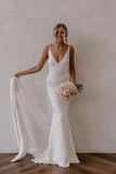 Mermaid Deep V-Neck Backless Simple Wedding Dress Bridal Gown-Tirdress