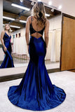 Mermaid Deep V Neck Satin Long Prom Dress with Lace Appliques TP1306