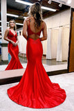 Mermaid Deep V Neck Satin Long Prom Dress with Lace Appliques TP1306
