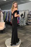Mermaid Feathered Off the Shoulder Corset Black Prom Dress TP1353-Tirdress