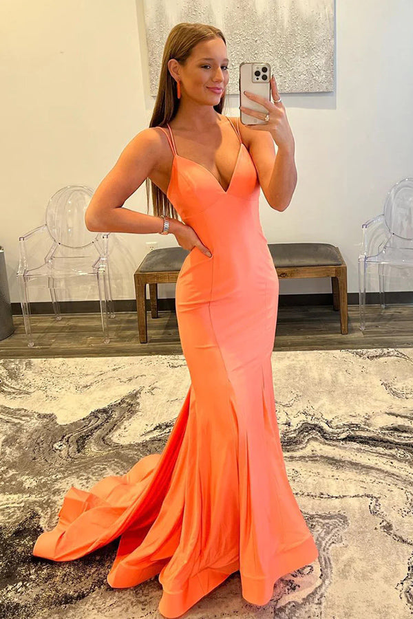 Mermaid Orange V Neck Long Prom Dress Formal Gown TP1299 US12 Orange