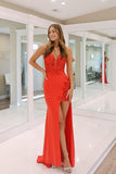 Mermaid Red Lace Long Prom Dresses with High Slit TP1310-Tirdress