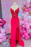 Mermaid Red Lace Long Prom Dresses with High Slit TP1310-Tirdress