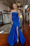 Mermaid Satin Pleated Royal Blue Prom Dress Party Dress With Bow