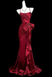 Mermaid Scoop Neck Satin Burgundy Prom Dress Party Dress with Bow-Tirdress