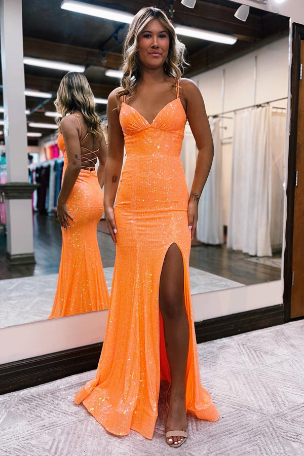 Mermaid Spaghetti Straps Lace Up Orange Prom Dress With Split TP1232