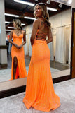 Meerjungfrau Spaghettiträger Schnürung Orange Ballkleid mit Schlitz TP1232