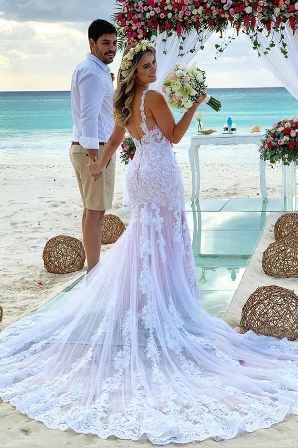Mermaid Spaghetti Straps Lace Wedding Dress Beach Bridal Gown TN360-Tirdress