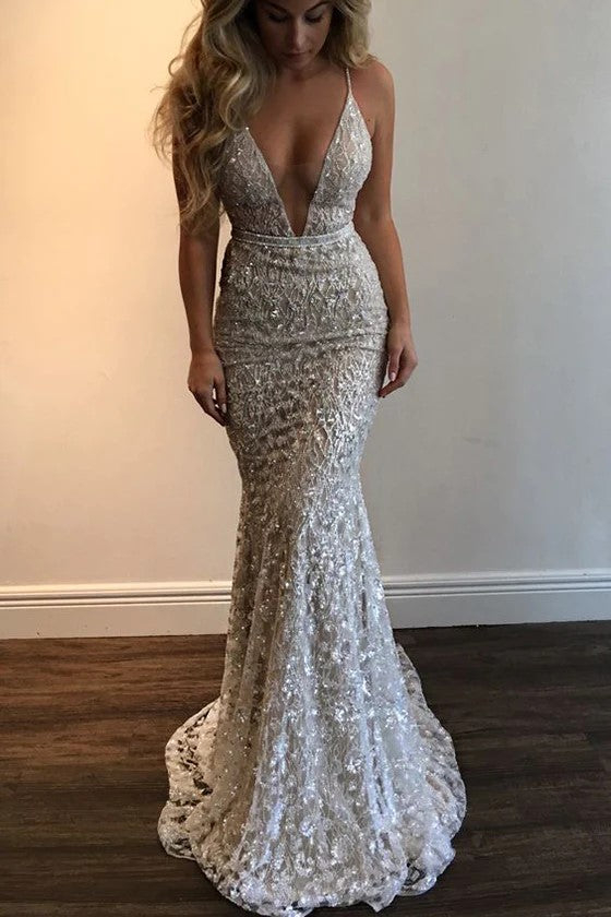 Mermaid Spaghetti Straps Prom Dress Beading Lace V-neck Prom Dress TP0889-Tirdress