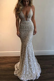 Meerjungfrau-Spaghetti-Träger-Abschlussballkleid, Perlenspitze, V-Ausschnitt-Abschlussballkleid, sexy Hochzeitskleid TP0889