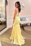 Mermaid Spaghetti Straps Yellow Long Prom Dress with Appliques TP1304-Tirdress
