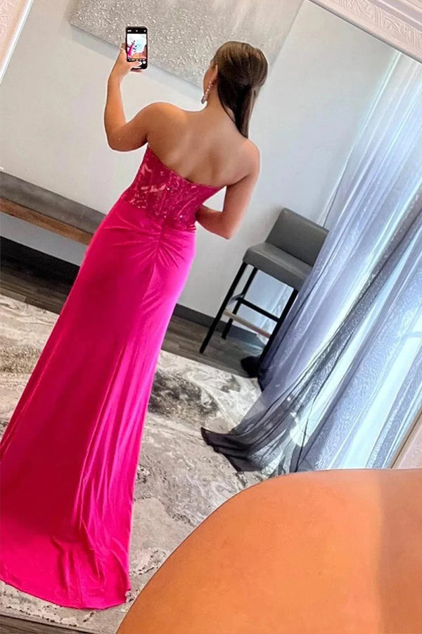 Mermaid Strapless Hot Pink Corset Long Prom Dress with Slit TP1279-Tirdress