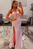Mermaid Sweetheart Strapless Satin Lace Appliques Pink Prom Dress-Tirdress