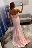 Mermaid Sweetheart Strapless Satin Lace Appliques Pink Prom Dress-Tirdress