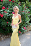 Mermaid V-neck Open Back Yellow Long Prom Dress Party Dress-Tirdress
