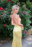 Mermaid V-neck Open Back Yellow Long Prom Dress Party Dress-Tirdress