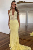 Mermaid Yellow Lace Halter Corset Long Prom Dress Party Dress-Tirdress