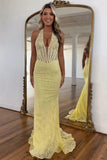 Mermaid Yellow Lace Halter Corset Long Prom Dress Party Dress-Tirdress