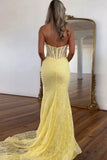 Mermaid Yellow Lace Halter Corset Long Prom Dress Party Dress-Tirdress