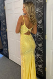 Mermaid Sparkly Yellow Spaghetti Straps Beaded Long Prom Dress TP1374-Tirdress