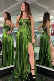 Metallic Keyhole Spaghetti Strap Long Prom Dress Party Dress with Slit-Tirdress