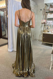 Metallic Keyhole Spaghetti Strap Long Prom Dress Party Dress with Slit-Tirdress