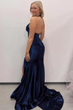 Navy Blue Halter Mermaid Long Prom Dress with Slit TP1283-Tirdress