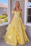 Off-Shoulder Corset Tulle Ball Gown Yellow Prom Dress Party Dress-Tirdress